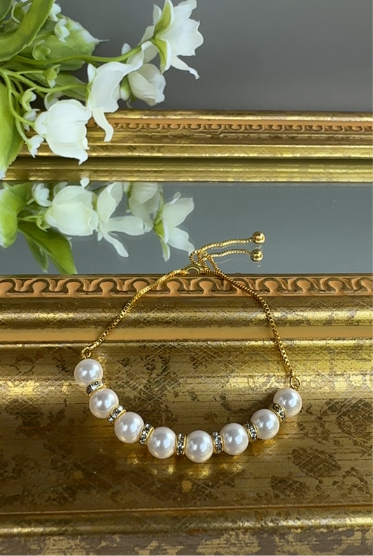 Crystal Pearl Adjustable Bracelet on Gold Toned Stainless Steel