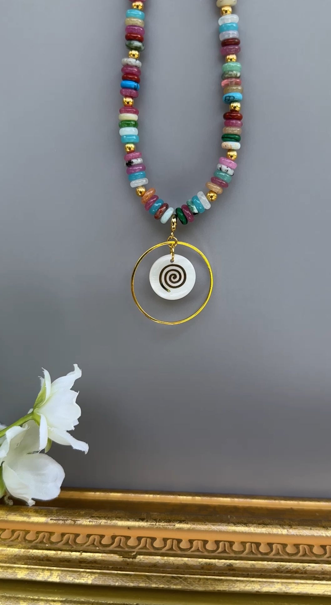 Multicolored Gemstone Necklace with Hamsa Pendant Or Spiral Journey Pendant