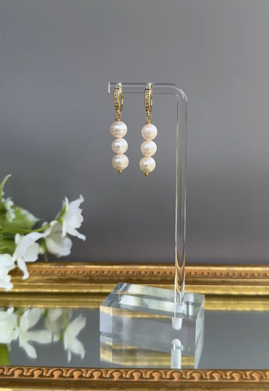 Mother of Pearl Elegant Triple Pearl Drop Earrings