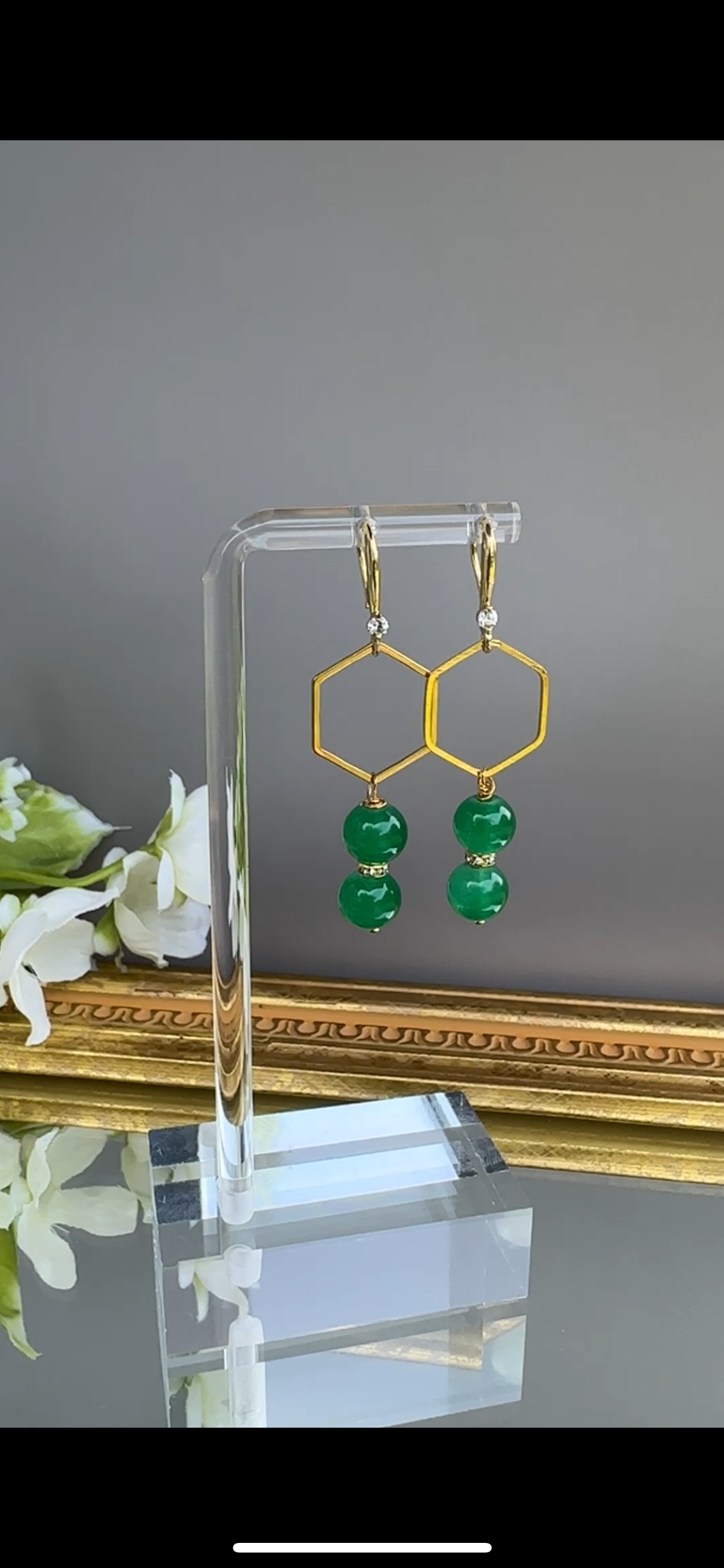 Gold toned Geometric Green Bead Accent Dangles